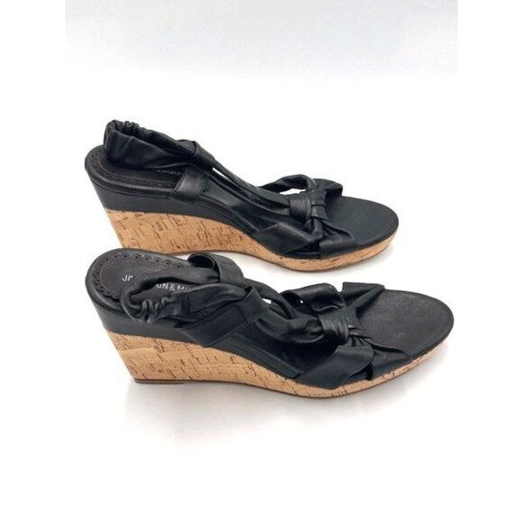 NWOT size 9.5 Johnston & Murphy Womens Black Leather Bow Wedge Sandals w/Cork He - Picture 4 of 5
